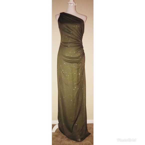 olive green one shoulder dress